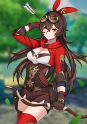 Rule 34 | absurdres, amber (genshin impact), bow (weapon), brown hair, brown shorts, genshin impact, goggles, goggles on head, highres, keiita, pouch, red ribbon, ribbon, shorts, weapon
