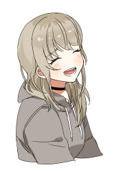 1girl ^_^ absurdres black_choker blush choker closed_eyes commentary_request cropped_torso facing_viewer girls_band_cry grey_hoodie habsida_(habsida_hpy) highres hood hood_down hoodie kawaragi_momoka light_brown_hair long_hair multicolored_hair open_mouth roots_(hair) sidelocks simple_background smile solo teeth upper_body variant_set white_background