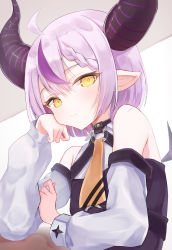 Rule 34 | ahoge, alternate hair length, alternate hairstyle, arm support, bare shoulders, black choker, black dress, bob cut, braid, choker, closed mouth, commentary, detached sleeves, dress, elbow on table, french braid, hair between eyes, hand on own arm, highres, hololive, horns, izuno (izunoyoshiki), la+ darknesss, light blush, light smile, looking at viewer, multicolored hair, neckerchief, o-ring, pointy ears, purple hair, short hair, streaked hair, upper body, virtual youtuber, white dress, white sleeves, yellow eyes, yellow neckerchief