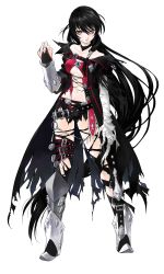 Rule 34 | 1girl, absurdres, bandaged arm, bandages, black hair, black neckwear, breasts, full body, highres, inomata mutsumi, long hair, official art, simple background, solo, tales of (series), tales of berseria, torn clothes, underboob, velvet crowe, white background, yellow eyes