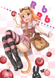 Rule 34 | 1girl, :o, animal ears, bag, black thighhighs, blush, bomb, boots, brown hair, cat ears, cat tail, checkered background, cocoa (rabi ribi), copyright name, d:, dress, explosive, fatkewell, full body, goggles, goggles on head, handbag, holding, holding bomb, open mouth, panties, pantyshot, pink panties, pink thighhighs, rabi-ribi, short sleeves, shoulder bag, simple background, smiley face, solo, sparkle, striped clothes, striped thighhighs, tail, thighhighs, underwear, watermark, wavy mouth, web address, zettai ryouiki