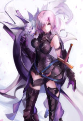 Rule 34 | 1girl, animal, armored boots, armored leotard, black footwear, black leotard, boots, fate/grand order, fate (series), fou (fate), gloves, hair ornament, hair over one eye, holding, holding shield, leotard, mash kyrielight, nagasawa tougo, pink hair, purple eyes, purple gloves, shield, short hair, simple background, solo, standing, sword, thigh boots, thighhighs, weapon, white background