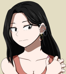 Rule 34 | 1girl, alternate hairstyle, arm at side, bare shoulders, black hair, boku no hero academia, breasts, cameo, cleavage, clenched hand, collarbone, dress, ear piercing, earrings, eyelashes, female focus, fingernails, formal, grey eyes, hair down, hand on own shoulder, hand up, jewelry, large breasts, long hair, looking to the side, multiple piercings, nail polish, neck, nervous, parted bangs, piercing, pink dress, pink nails, sidelocks, simple background, sleeveless, sleeveless dress, standing, todoroki shouto, upper body, yaoyorozu momo, ysd2552