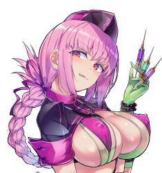 Rule 34 | bikini, black hat, braid, breasts, covered erect nipples, craft essence (fate), fate/grand order, fate (series), florence nightingale (fate), florence nightingale (trick or treatment) (fate), gloves, green bikini, green gloves, hat, large breasts, layered bikini, licking lips, nurse cap, official alternate costume, pink hair, purple bikini, purple hat, revealing clothes, short sleeves, shrug (clothing), single braid, solo, stethoscope, swimsuit, syringe, tongue, tongue out, upper body, yudough