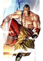 Rule 34 | 1boy, biceps, black hair, braid, braided ponytail, cleft chin, closed mouth, feng wei, highres, holding, holding weapon, houjoh (7th-heaven), large pectorals, long hair, looking at viewer, muscular, muscular male, namco, pectorals, sitting, smile, solo, sword, tekken, topless male, weapon