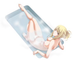 Rule 34 | 1girl, barefoot, bathing, bathtub, blonde hair, blue eyes, breasts, completely nude, highres, large breasts, looking at viewer, metroid, nintendo, nipples, nude, parted lips, partially submerged, ponytail, samus aran, sitting, solo, steam, tamamon, water