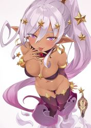 Rule 34 | 1girl, :p, absurdres, bare shoulders, black thighhighs, blush, breasts, breasts apart, c-string, commentary request, dark-skinned female, dark skin, dated, earrings, eyes visible through hair, genie (monster girl encyclopedia), gradient hair, hair between eyes, hair ornament, hand to own mouth, highres, jewelry, lamp, long hair, looking at viewer, maebari, medium breasts, monster girl encyclopedia, multicolored hair, naughty face, navel, pointy ears, ponytail, purple eyes, purple hair, simple background, smile, smoke, solo, star (symbol), star hair ornament, strapless bottom, thigh gap, thighhighs, tinpam, tongue, tongue out, very long hair, white background
