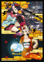 Rule 34 | 2girls, animal ears, architecture, armor, black hair, bow, breasts, cleavage, comb, east asian architecture, egasumi, fighting stance, flower, fox ears, fox tail, hair flower, hair ornament, hair up, holding, holding sword, holding weapon, japanese clothes, katana, kaworu, kimono, kongiku, lantern, leaf, leaf on head, maple leaf, momohime, multiple girls, nail polish, object on head, oboro muramasa, paper lantern, pink nails, ponytail, ready to draw, red nails, sheath, short hair, silver hair, sitting, sword, tail, thighhighs, unsheathing, vanillaware, weapon