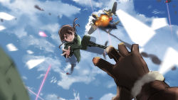 Rule 34 | 1girl, aircraft, airplane, animal ears, battle, brown eyes, brown gloves, brown hair, cloud, commentary request, day, double-drum magazine, drum magazine, general-purpose machine gun, gertrud barkhorn, gloves, gun, high-capacity magazine, long hair, machine gun, magazine (weapon), mg42, military, military uniform, neuroi, out of frame, pov, pov hands, rescue, saddle-drum, shimada fumikane, sky, solo focus, strike witches, striker unit, uniform, weapon, world witches series