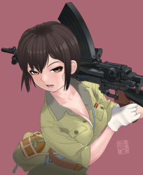 Rule 34 | 1girl, breasts, brown eyes, brown hair, canteen, cleavage, from above, gloves, gun, highres, imperial japanese army, japan, looking at viewer, looking to the side, machine gun, military, military uniform, original, pink background, short hair, signature, simple background, sino, sino (mechanized gallery), sleeves rolled up, soldier, solo, sweat, type 96, uniform, upper body, weapon, world war ii