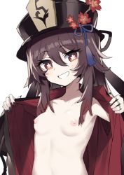 Rule 34 | 1girl, anba kohaku, armpits, black hat, brown hair, exhibitionism, genshin impact, hat, highres, hu tao (genshin impact), naked robe, nipples, nude, open clothes, public indecency, red eyes, robe, simple background, smile, solo, symbol-shaped pupils, top hat, twintails, upper body, white background
