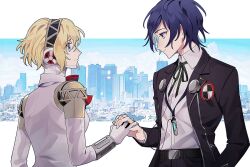 Rule 34 | 1boy, 1girl, aegis (persona), android, belt, belt buckle, black belt, black hairband, black jacket, black pants, blonde hair, blue eyes, blue hair, bow, bowtie, buckle, closed mouth, collared shirt, commentary request, detached collar, elulit2, gekkoukan high school uniform, hairband, highres, holding hands, interlocked fingers, jacket, korean commentary, long sleeves, looking at another, neck ribbon, open clothes, open jacket, pants, persona, persona 3, profile, red bow, red bowtie, ribbon, robot ears, school uniform, shirt, short hair, smile, uniform, white shirt, yuuki makoto (persona 3)
