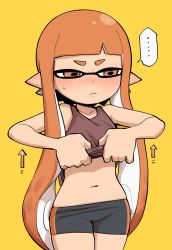 Rule 34 | ..., 1girl, arrow (projectile), bike shorts, black shorts, blunt bangs, blush, clothes lift, collarbone, commentary, cowboy shot, highres, inkling, inkling girl, inkling player character, lifted by self, long hair, mask, midriff, navel, nintendo, orange eyes, orange hair, pointy ears, shiromanta, shirt lift, shorts, simple background, single vertical stripe, singlet, skindentation, solo, splatoon (series), spoken ellipsis, squid, tentacle hair, undressing, yellow background