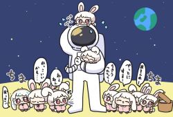 Rule 34 | 6+others, ^ ^, animal ears, bright pupils, chibi, closed eyes, clothes pull, commentary, earth (planet), eating, flying sweatdrops, food, kine, mallet, mochi, mochitsuki, moon, moon rabbit, multiple others, nontao, original, planet, rabbit, rabbit ears, red eyes, spacesuit, translated, white hair, white pupils