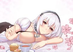 Rule 34 | 1girl, artist request, azur lane, blush, breast press, breasts, brown eyes, cleavage, collar, cookie, cup, detached collar, dress, flower, food, frilled collar, frills, hair between eyes, icing, jewelry, large breasts, looking at viewer, lying, maid headdress, muffin, on stomach, petals, ring, short hair, silver hair, simple background, sirius (azur lane), smile, solo, tea, teacup, wedding band, white background