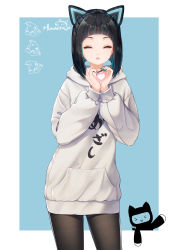 Rule 34 | &gt; &lt;, 1girl, :d, > <, ^ ^, animal ears, bad id, bad pixiv id, black hair, black pantyhose, blue background, blue nails, blush, cat ears, closed eyes, commentary request, copyright request, cowboy shot, closed eyes, facing viewer, fingernails, grey hoodie, hands up, haneru, heart, heart hands, hood, hood down, hoodie, long sleeves, nail polish, open mouth, pantyhose, signature, smile, solo, standing, two-tone background, virtual youtuber, white background, xd