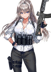 Rule 34 | 1girl, belt, black belt, black pants, blue eyes, blush, bracelet, breasts, closed mouth, collared shirt, commentary request, cowboy shot, crossed bangs, grey hair, gun, hand on own hip, hand up, highres, holding, holding gun, holding weapon, jewelry, large breasts, long hair, long sleeves, looking at viewer, original, pants, ponytail, ran&#039;ou (tamago no kimi), shirt, simple background, smile, solo, weapon, white background, white shirt
