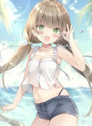 Rule 34 | 1girl, :d, bare arms, bare shoulders, black panties, black shorts, blue sky, blush, bow, breasts, brown hair, camisole, cleavage, cloud, collarbone, commentary request, cowboy shot, crop top, day, fang, food-themed hair ornament, glint, green eyes, green nails, hair bow, hair ornament, hand up, highleg, highleg panties, highres, holding, horizon, lens flare, long hair, looking at viewer, low twintails, medium breasts, melon hair ornament, midriff, nail polish, navel, ocean, open mouth, original, outdoors, panties, saeki sora, seashell, shell, short shorts, shorts, skindentation, sky, smile, solo, twintails, underwear, very long hair, water, water drop, white bow, white camisole