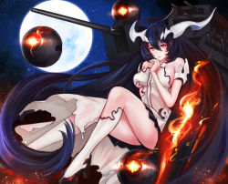 Rule 34 | 10s, 1girl, abyssal ship, anchorage water oni, bare shoulders, black hair, breasts, cannon, dress, embers, fire, full body, full moon, gradient hair, high heels, highres, horns, kantai collection, large breasts, long hair, looking at viewer, mecha musume, moon, multicolored hair, night, night sky, orange eyes, parted lips, red eyes, sky, solo, star (sky), starry sky, thighhighs, turret, very long hair, white dress, white thighhighs, ytoy