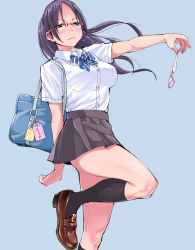 Rule 34 | 1girl, bag, black socks, blue background, blue hair, blush, bow, bowtie, breasts, condom, dress shirt, frown, glasses, holding, holding condom, huridog, kneehighs, large breasts, loafers, long hair, looking at viewer, miniskirt, original, ponytail, red-framed eyewear, school bag, school uniform, shirt, shoes, skirt, socks, solo, standing, standing on one leg, used condom