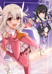 Rule 34 | 2girls, absurdres, ascot, bare shoulders, black hair, blush, boots, breasts, brown eyes, cape, detached sleeves, dress, elbow gloves, fate/kaleid liner prisma illya, fate (series), feather hair ornament, feathers, gloves, hair between eyes, hair ornament, hairclip, highres, illyasviel von einzbern, kebab (blackdoll), layered gloves, leotard, long hair, looking at viewer, miyu edelfelt, multiple girls, open mouth, pink dress, pink footwear, pink gloves, prisma illya, purple leotard, purple sleeves, purple thighhighs, red eyes, revision, sidelocks, skirt, small breasts, smile, thigh boots, thighhighs, thighhighs under boots, thighs, twintails, two side up, white cape, white footwear, white gloves, white hair, white skirt, x hair ornament