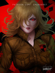 Rule 34 | 1girl, artist name, blonde hair, breasts, facing viewer, hair over one eye, hellsing, high collar, large breasts, looking at viewer, military, military uniform, red background, red eyes, red lips, seras victoria, short hair, shurakrgt, solo, uniform, vampire