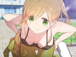 Rule 34 | 1girl, bent over, black camisole, blurry, blurry background, breasts, brown hair, building, camisole, clipboard, closed mouth, commentary request, day, fang, fang out, green eyes, green pants, hair between eyes, highres, holding, holding clipboard, inuyama aoi, large breasts, lens flare, long hair, looking at viewer, outdoors, pants, short eyebrows, side ponytail, signature, skin fang, smile, solo, split mouth, swept bangs, thick eyebrows, yasu (pixiv), yurucamp