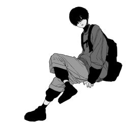 Rule 34 | 1boy, backpack, bag, closed mouth, from side, full body, hair over one eye, invisible chair, knee up, layered clothes, long sleeves, looking at viewer, looking to the side, male focus, monochrome, muryo, one eye covered, original, pants, shoes, short hair, simple background, sitting, socks, solo, sweater, undershirt