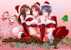 Rule 34 | 4girls, absurdres, azumi (girls und panzer), baker st muse, bikini, black hair, blue eyes, boko (girls und panzer), boots, breast rest, breasts, brown hair, christmas tree, closed eyes, closed mouth, commentary, dated, english commentary, fur-trimmed bikini, fur-trimmed headwear, fur-trimmed thighhighs, fur trim, girls und panzer, glasses, grey hair, hand on own chest, hat, high heel boots, high heels, highres, holly, kneeling, large breasts, long hair, megumi (girls und panzer), merry christmas, mixed-language commentary, multi-strapped bikini bottom, multiple girls, navel, open mouth, parted bangs, pink background, red bikini, red headwear, red thighhighs, rimless eyewear, round eyewear, rumi (girls und panzer), santa bikini, santa costume, santa hat, shimada arisu, short hair, sitting, skindentation, smile, snowflakes, strapless, strapless bikini, stuffed animal, stuffed toy, swimsuit, teddy bear, thighhighs, twitter username, wariza