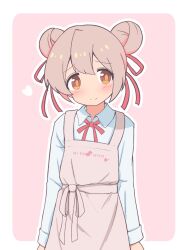 Rule 34 | 1girl, apron, blush, border, brown eyes, clothes writing, commentary, double bun, genderswap, genderswap (mtf), hair between eyes, hair bun, hair ribbon, heart, highres, long sleeves, looking at viewer, neck ribbon, onii-chan wa oshimai!, outline, outside border, oyama mahiro, pink apron, pink background, pink hair, red ribbon, ribbon, shirt, simple background, smile, solo, unkimo, upper body, white border, white outline, white shirt, wing collar