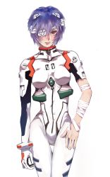 Rule 34 | 1girl, ayanami rei, baiyishaonian huam, bandage over one eye, bandaged arm, bandages, blue hair, bodysuit, bracer, cowboy shot, expressionless, female focus, gloves, hair ornament, hairclip, hand on own hip, hand on own thigh, highres, impossible bodysuit, impossible clothes, interface headset, looking at viewer, neon genesis evangelion, one eye covered, plugsuit, red eyes, short hair, simple background, single glove, skinny, solo, thigh gap, torn bodysuit, torn clothes, turtleneck, white background