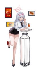Rule 34 | 1girl, absurdres, alternate costume, bare legs, black footwear, black skirt, blue archive, braid, breasts, closed mouth, collared shirt, cup, drinking glass, eugle na, eyewear on head, food, grey hair, halo, haruna (blue archive), highres, leaning forward, leaning on table, long hair, long sleeves, looking at viewer, medium breasts, miniskirt, necktie, pencil skirt, photo (object), picture frame, pink eyes, shirt, shoe dangle, shoes, short necktie, side braid, simple background, single wing, skirt, smile, solo, sunglasses, thighs, tinted eyewear, white background, white shirt, wings