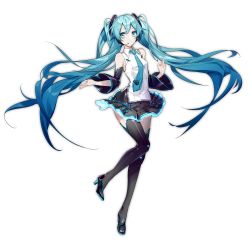 Rule 34 | 1girl, aqua eyes, aqua hair, detached sleeves, floating hair, full body, hatsune miku, headset, high heels, highres, long hair, necktie, simple background, skirt, solo, thighhighs, twintails, very long hair, vocaloid, white background, yyb
