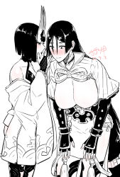 Rule 34 | 2girls, arm guards, blush, bob cut, breasts, commentary request, dated, fate/grand order, fate (series), greyscale, horns, impossible clothes, japanese clothes, large breasts, leaning forward, long hair, low-tied long hair, medium hair, minamoto no raikou (fate), monochrome, multiple girls, parted bangs, shuten douji (fate), signature, skin-covered horns, spot color, titiduki (manman-ya), very long hair, whispering