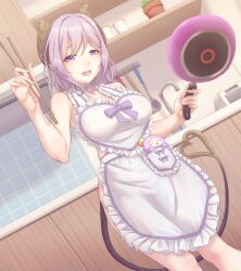 Rule 34 | 1girl, absurdres, apron, blush, bow, breasts, brown horns, cabinet, chopsticks, cleavage, commentary request, demon girl, demon horns, demon tail, dutch angle, faucet, feet out of frame, fingernails, frilled apron, frills, frying pan, heart apron, highres, holding, holding chopsticks, holding frying pan, horns, indoors, kitchen, ladle, large breasts, looking at viewer, medium bangs, medium hair, mole, mole under mouth, naked apron, nanashi inc., neck ribbon, open mouth, other5555, plant, potted plant, purple bow, purple eyes, purple hair, purple ribbon, ribbon, saionji mary, salt shaker, smile, solo, standing, tail, virtual youtuber, white apron