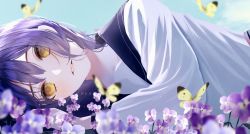 Rule 34 | 1girl, bad id, bad twitter id, blue sailor collar, blue sky, blurry, blurry background, blush, bug, butterfly, cloud, flower, flower request, highres, insect, long hair, long sleeves, looking at viewer, lying, nekoyama iori, on side, original, outdoors, parted lips, purple flower, purple hair, sailor collar, school uniform, serafuku, shirt, sky, solo, violet (flower), white shirt, yellow eyes