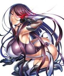 Rule 34 | 00s, 1girl, all fours, arched back, arm up, armor, ass, back, bare shoulders, breasts, covered erect nipples, elbow gloves, female focus, fuuma saika, gloves, hair flip, high heels, highres, impossible clothes, kneeling, large breasts, legs, leotard, lilith-soft, long hair, looking at viewer, mole, nipples, red eyes, seiza, serious, shiny clothes, shiny skin, sitting, skin tight, solo, taimanin (series), taimanin asagi, taimanin asagi kessen arena, thighhighs, tight clothes, underwear, very long hair, zol