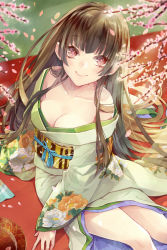 Rule 34 | 1girl, aoi89, blunt bangs, blush, breasts, brown hair, cherry blossoms, cleavage, collarbone, floral print, from above, japanese clothes, kimono, large breasts, long hair, looking at viewer, obi, off shoulder, original, petals, red eyes, sash, sitting, smile, solo