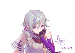Rule 34 | 1girl, arm support, bad id, bad pixiv id, contender (girls&#039; frontline), cuts, dated, elbow gloves, girls&#039; frontline, gloves, grey hair, hair between eyes, hand on own chin, head rest, highres, injury, looking at viewer, multicolored hair, purple eyes, purple hair, short hair, signature, solo, streaked hair, torn clothes, white background, yiyiqiany