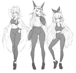 Rule 34 | 3girls, alternate costume, animal ears, arm behind head, armpit peek, bodysuit, bracelet, breasts, character request, cleavage, clenched hand, dog ears, dog girl, dog tail, dyarikku (vtuber), fox ears, fox girl, greyscale, hair horns, hair ribbon, head tilt, highres, indie virtual youtuber, jewelry, jin grey paladin, leggings, long hair, looking at viewer, mechanical arms, medium breasts, midriff, monochrome, multiple girls, navel, open hands, open mouth, pantyhose, ribbon, shoes, smile, sneakers, sports bra, tail, tank top, very long hair, virtual youtuber, white background, yakitsuki (vtuber)