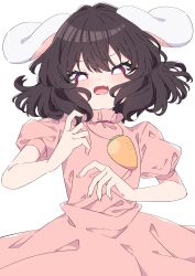 Rule 34 | 1girl, animal ears, black hair, blush, carrot necklace, dress, fang, hair between eyes, highres, inaba tewi, necklace, open mouth, pink dress, puffy short sleeves, puffy sleeves, rabbit ears, red eyes, short hair, short sleeves, simple background, skin fang, solo, touhou, tsukimirin, upper body, white background