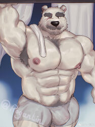 Rule 34 | 1boy, abs, absurdres, another eidos-r, bara, bear boy, beard stubble, bulge, chest tuft, covered penis, cross scar, excessive armpit hair, facial hair, furry, furry male, grey male underwear, highres, huge eyebrows, huge pectorals, looking at viewer, male focus, male underwear, mature male, muscular, muscular male, navel, navel hair, nipples, outstretched arm, roganlin denkon, scar, see-through, sigvaldi (another eidos), solo, stomach, strongman waist, stubble, thick thighs, thighs, topless male, underwear