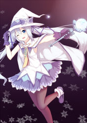Rule 34 | 1girl, blue eyes, blue hair, cape, gloves, hair ribbon, hat, hatsune miku, highres, itachi kanade, long hair, matching hair/eyes, one eye closed, open mouth, outstretched arm, pantyhose, ribbon, skirt, snowflakes, solo, twintails, very long hair, vocaloid, wand, wink, witch hat, yuki miku