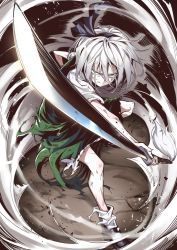 Rule 34 | 1girl, asutora, black footwear, blue eyes, closed mouth, dress, eyes visible through hair, fighting stance, foreshortening, frown, green dress, grey hair, hair between eyes, hair ornament, hairband, highres, holding, holding sword, holding weapon, katana, konpaku youmu, looking at viewer, messy hair, pointing weapon, scratches, shirt, shoes, short hair, socks, solo, standing, sword, torn clothes, touhou, weapon, white hair, white shirt, wind