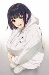 Rule 34 | 1girl, :d, black hair, blush, brown eyes, collared shirt, drawstring, eyebrows hidden by hair, full body, gradient background, grey background, hair ornament, hairclip, hood, hood down, hooded jacket, jacket, knee boobs, long sleeves, looking at viewer, mattaku mousuke, open mouth, original, shirt, shoes, smile, solo, twitter username, watermark, white background, white footwear, white jacket, white shirt