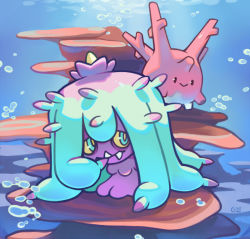 Rule 34 | . ., black eyes, blue eyes, closed mouth, commentary, corsola, creature, creatures (company), day, english commentary, full body, game freak, gen 2 pokemon, gen 7 pokemon, mareanie, nintendo, no humans, pinkgermy, pokemon, pokemon (creature), signature, smile, sunlight, underwater, water