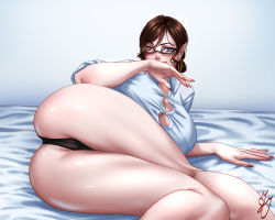 Rule 34 | 1girl, ass, cameltoe, earrings, glasses, hand covering mouth, highres, jesse jordan, jewelry, lying, panties, solo, thick thighs, thighs, underwear, waifusplit