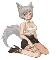 Rule 34 | 1girl, absurdres, animal ear fluff, animal ears, bare arms, black footwear, black skirt, breasts, cleavage, commission, glasses, grey hair, grin, high heels, highres, leg tattoo, looking at viewer, orange eyes, original, pixiv commission, short hair, simple background, sitting, skirt, smile, solo, sookmo, tail, tattoo, wariza, white background