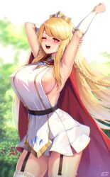 Rule 34 | 1girl, ;d, absurdres, arm up, armpits, black garter straps, blonde hair, bloody0rabby, braid, breasts, cape, elpin (trickcal), garter straps, highres, large breasts, long hair, looking at viewer, one eye closed, open mouth, red cape, red eyes, sideboob, signature, single braid, skirt, smile, sparkling eyes, teeth, thighhighs, tiara, trickcal, twitter username, upper teeth only, white skirt, white thighhighs