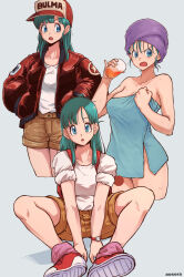 Rule 34 | 1girl, aosora2823, artist name, bare shoulders, baseball cap, blue eyes, blue hair, breasts, brown shorts, bulma, character name, collarbone, cup, dragon ball, dragon ball (classic), hands in pockets, hat, highres, holding, holding cup, jacket, medium breasts, multiple views, red footwear, red jacket, shirt, shoes, shorts, simple background, star (symbol), towel, towel on head, wet, white background, white shirt
